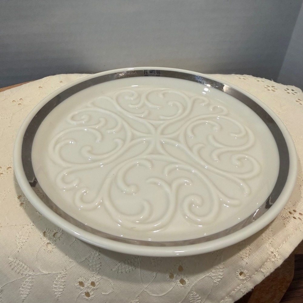 Lenox Porcelain Trivet Coaster Cream Raised Scrollwork Platinum Rim